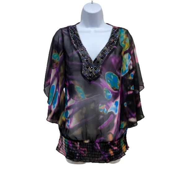 STUDIO Y Black Purple Print Sheer Gathered Waist Beaded V-Neck Top S - Picture 1 of 10